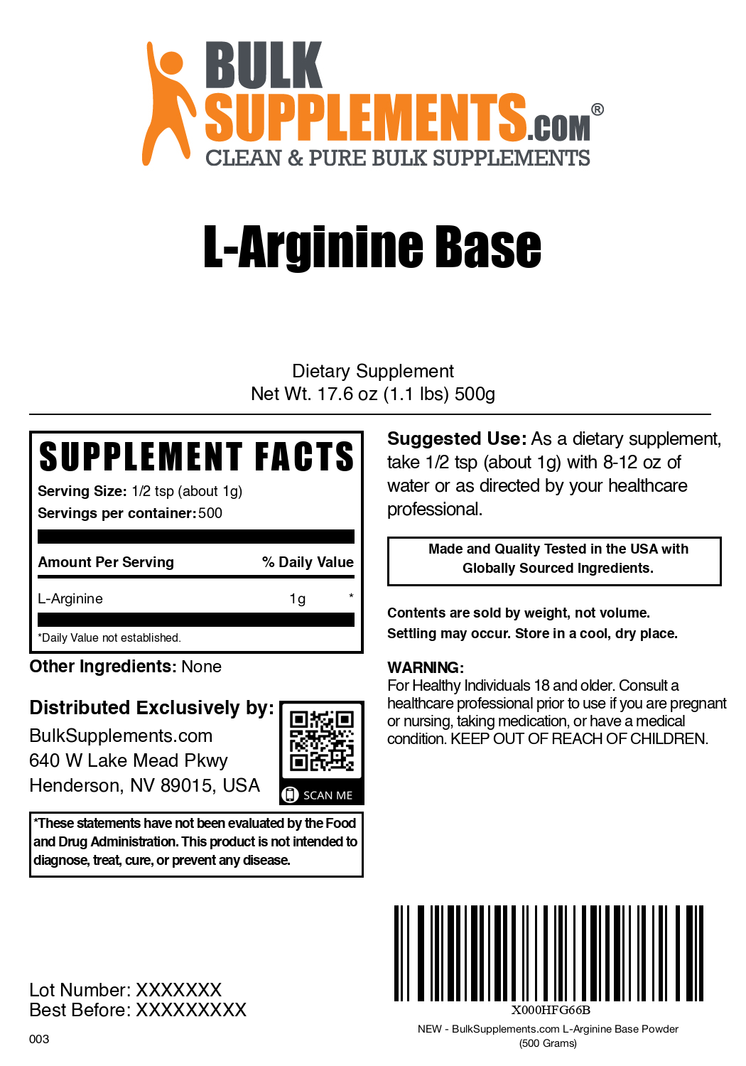 L-Arginine Base Powder 500g Label