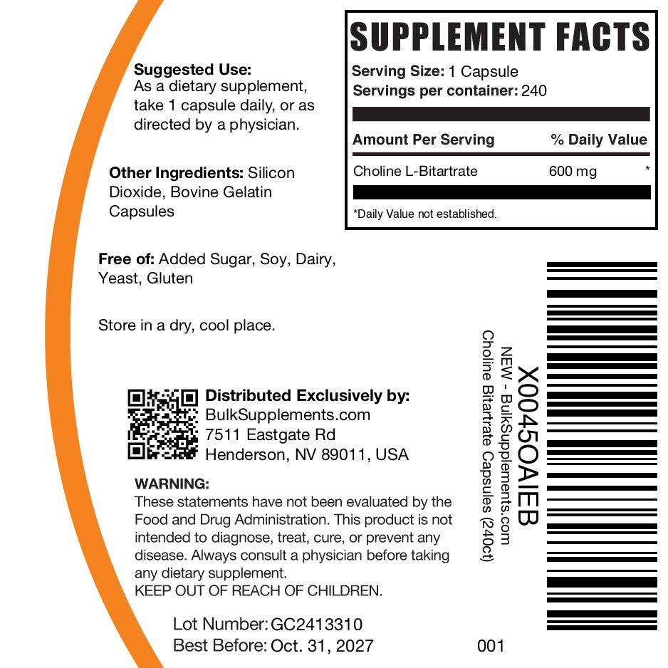 Choline L-Bitartrate 600mg 240 capsules label