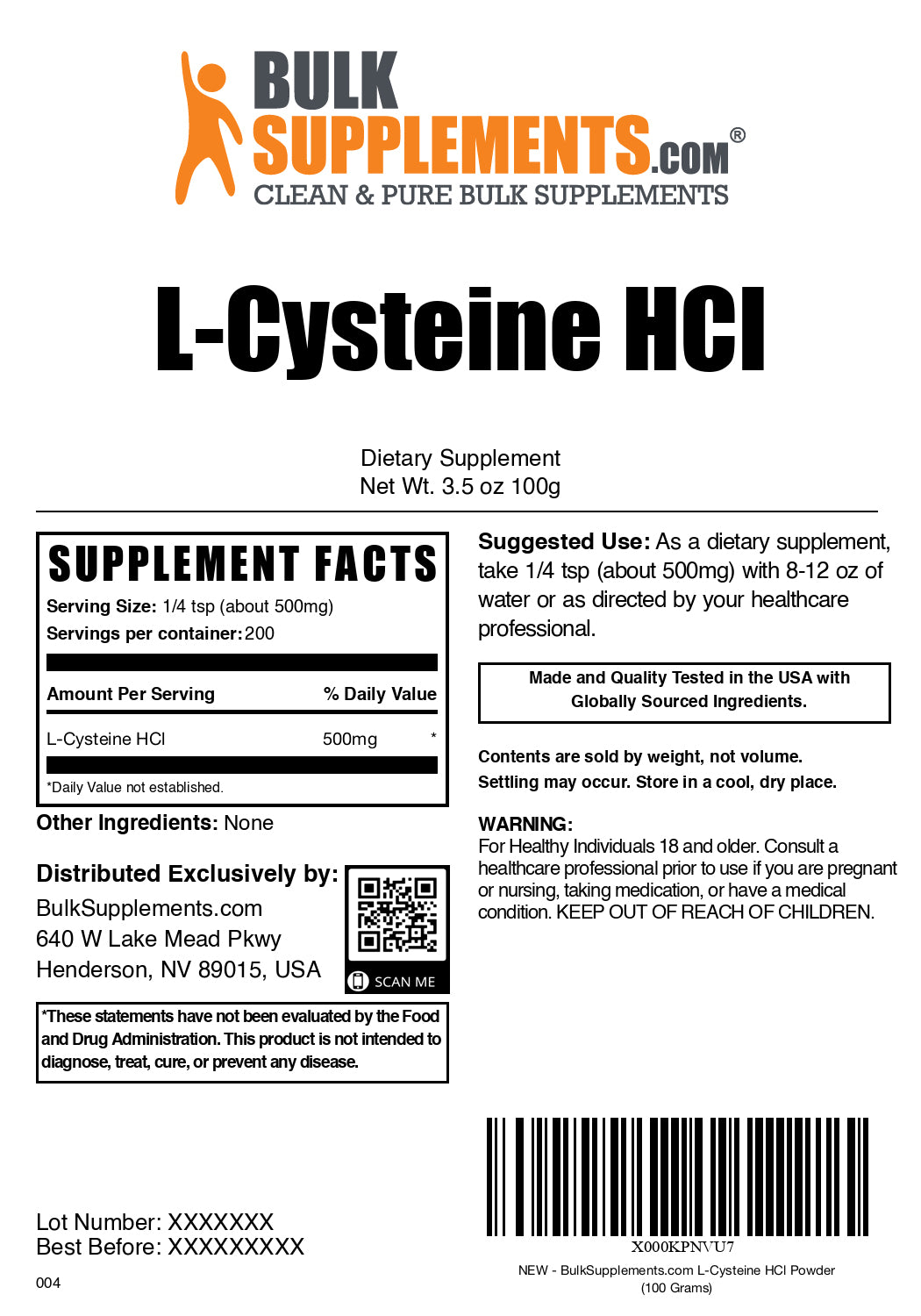 L-Cysteine HCl powder label 100g