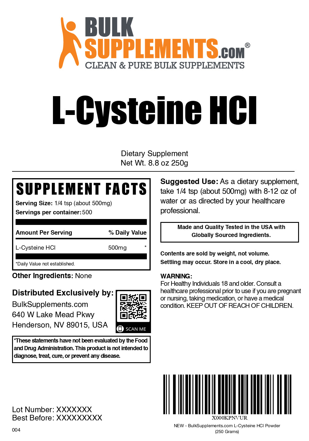 L-Cysteine HCl powder label 250g