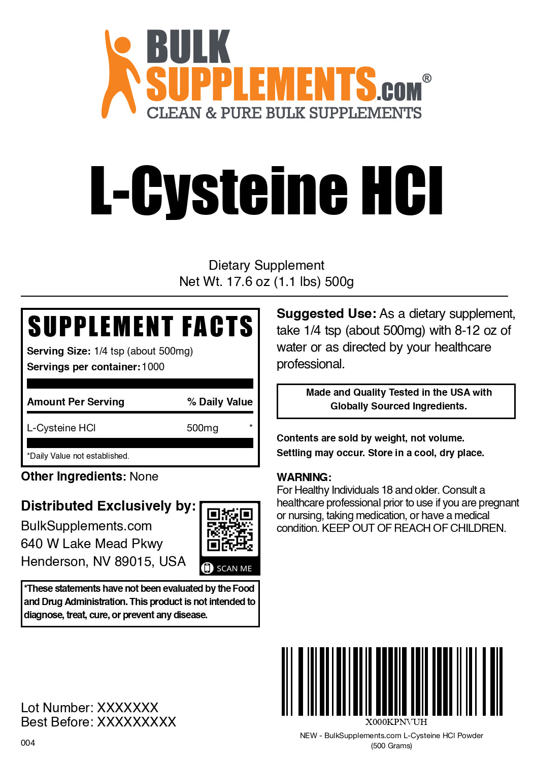 L-Cysteine HCl powder label 500g