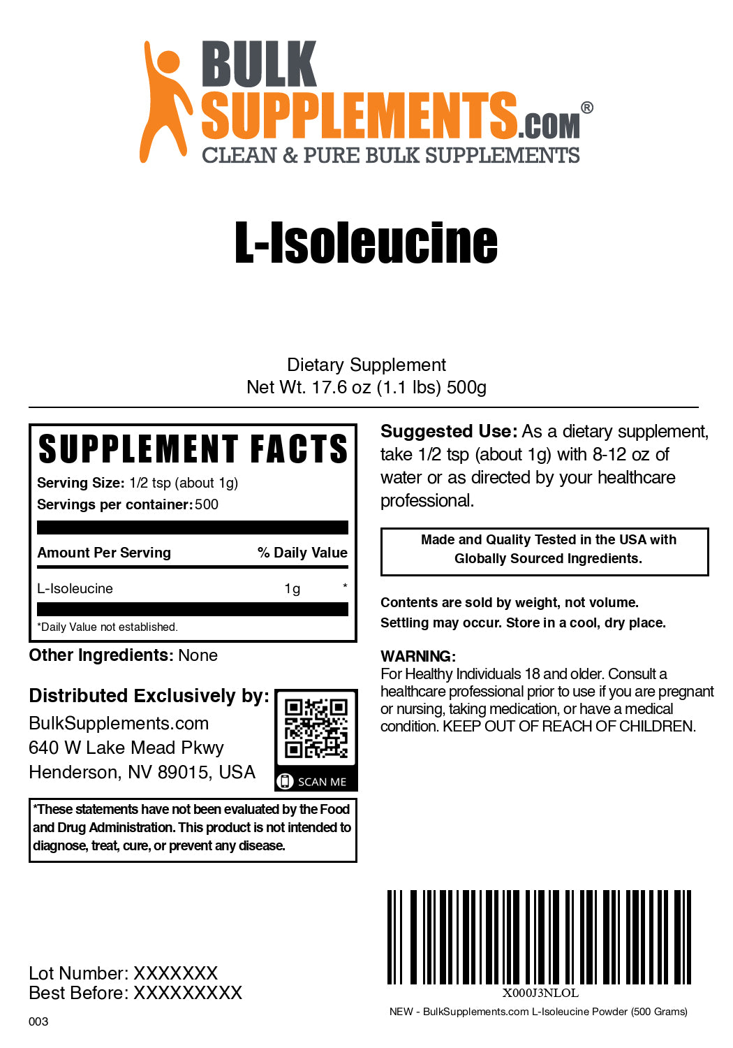 L-Isoleucine powder label 500g