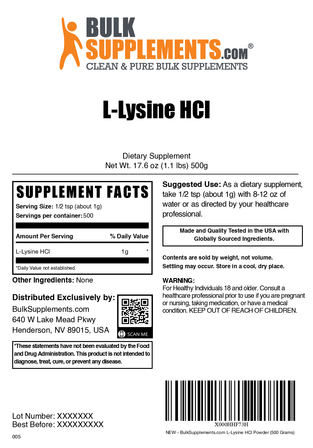 L-Lysine HCl powder label 500g
