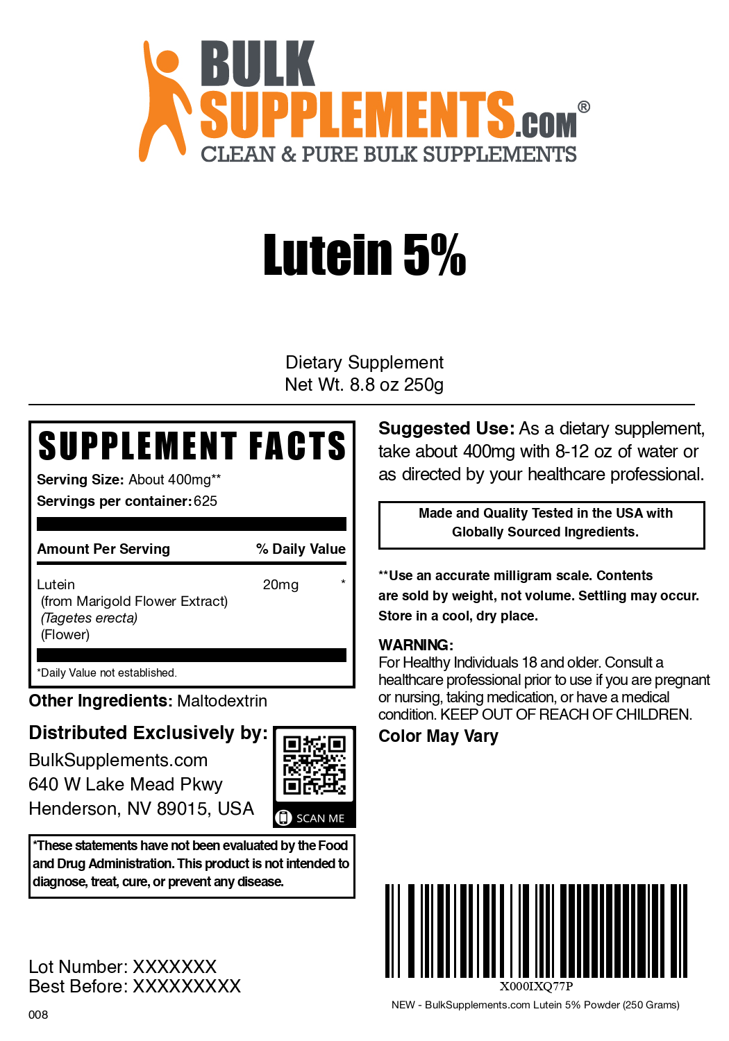 Lutein powder label 250g