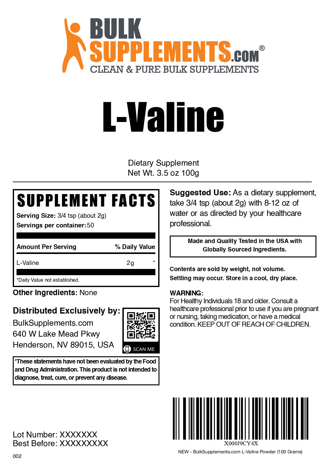 L-Valine powder label 100g