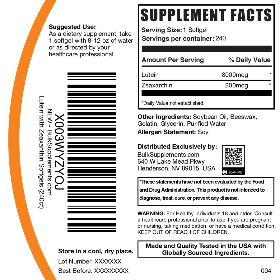 Lutein with Zeaxanthin 240 softgels label