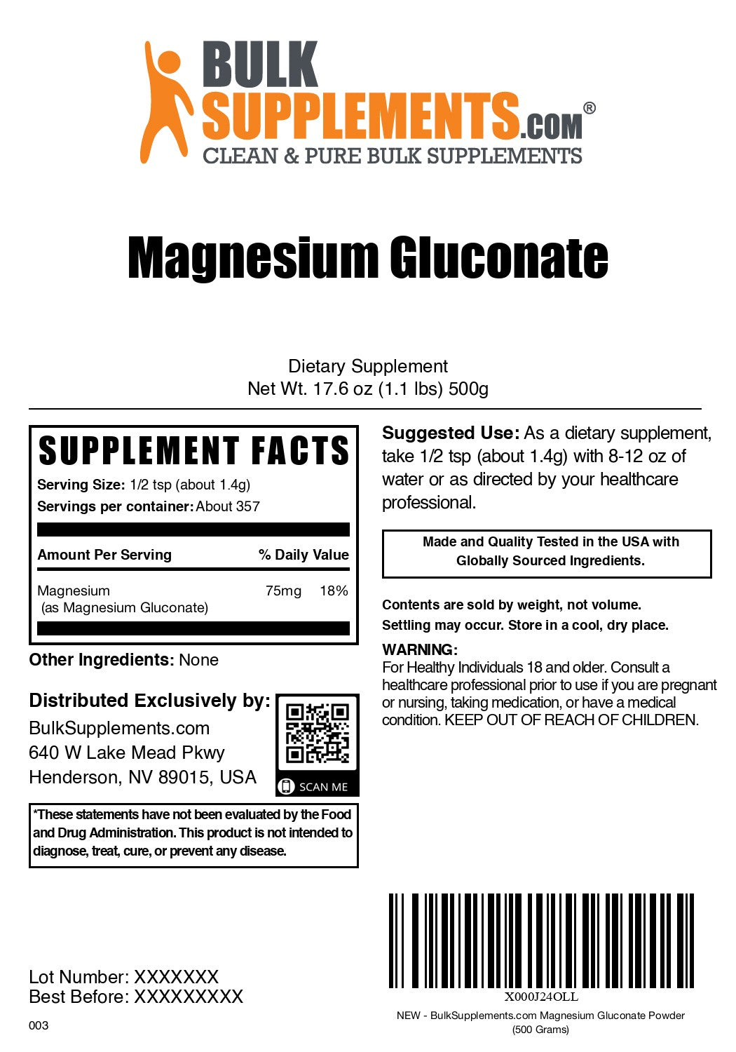 Magnesium Gluconate 500g label