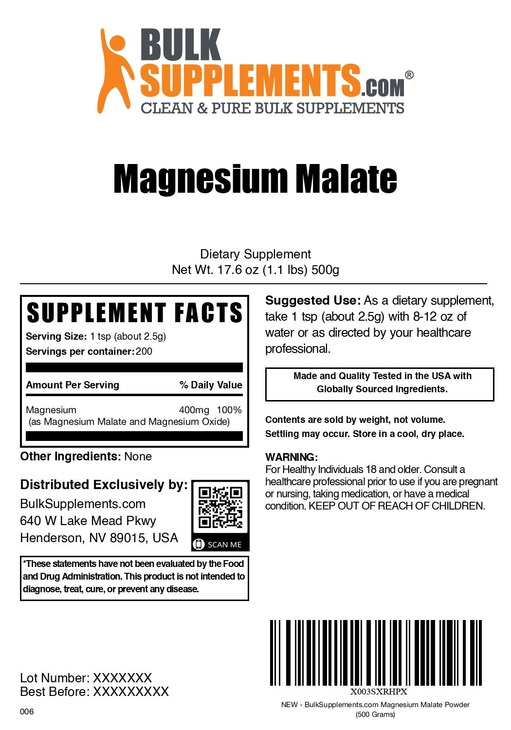 Magnesium malate powder label 500g