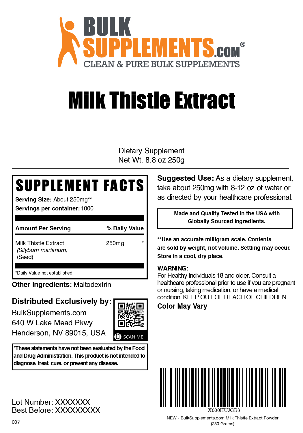 Milk thistle extract powder label 250g