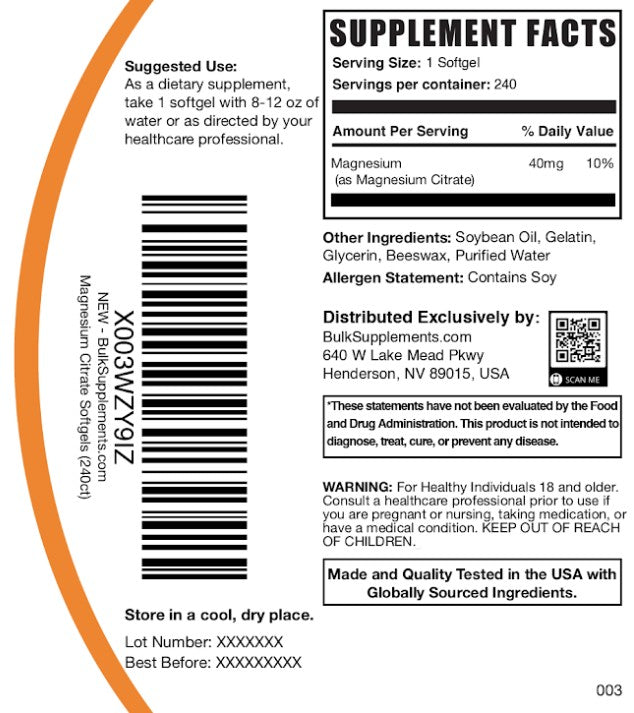 Magnesium Citrate Softgels 240ct Bottle Label