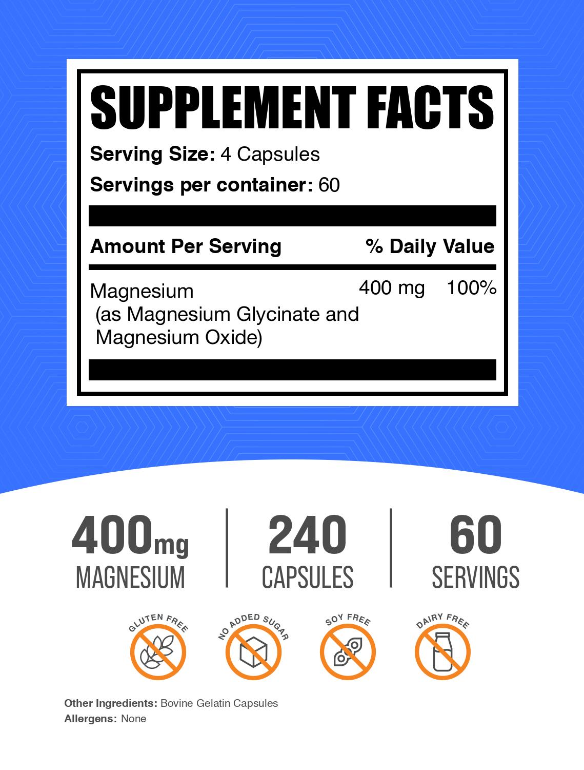Magnesium Glycinate 400mg 240 capsules label