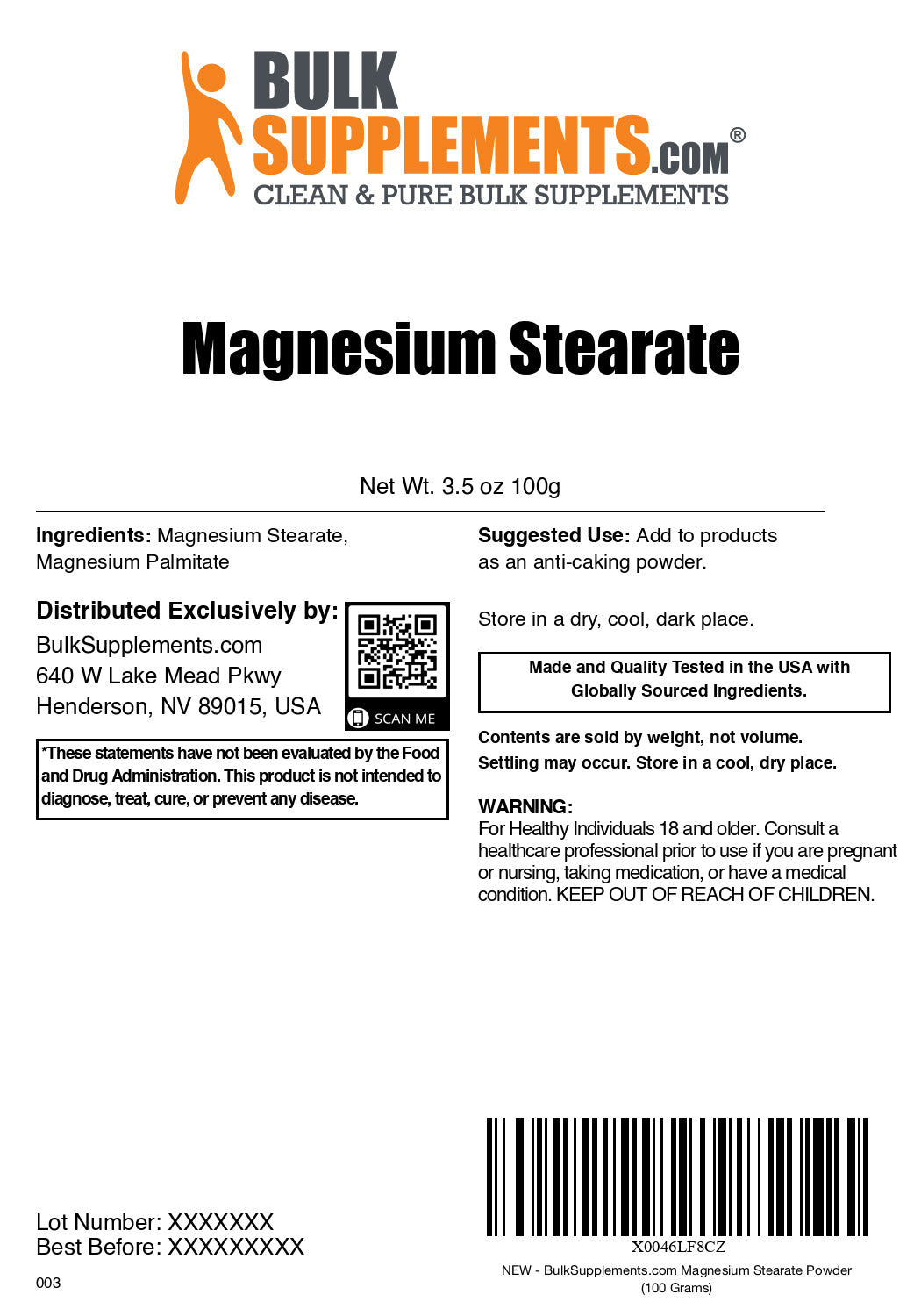 Magnesium Stearate powder label 100g