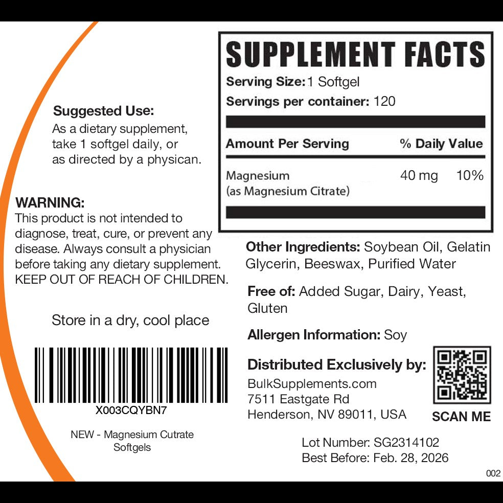 Magnesium Citrate 120 ct softgels label