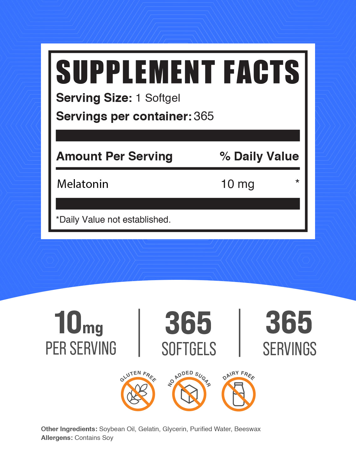 Melatonin 10mg 365 softgels label