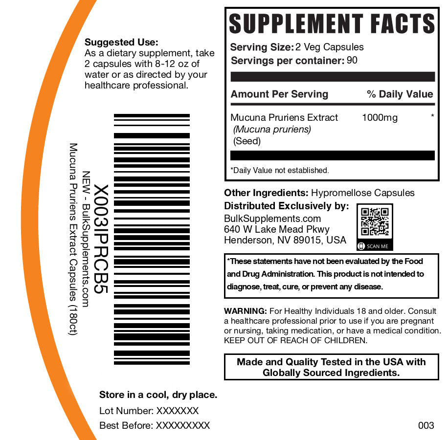 Mucuna pruriens extract 180 capsules label