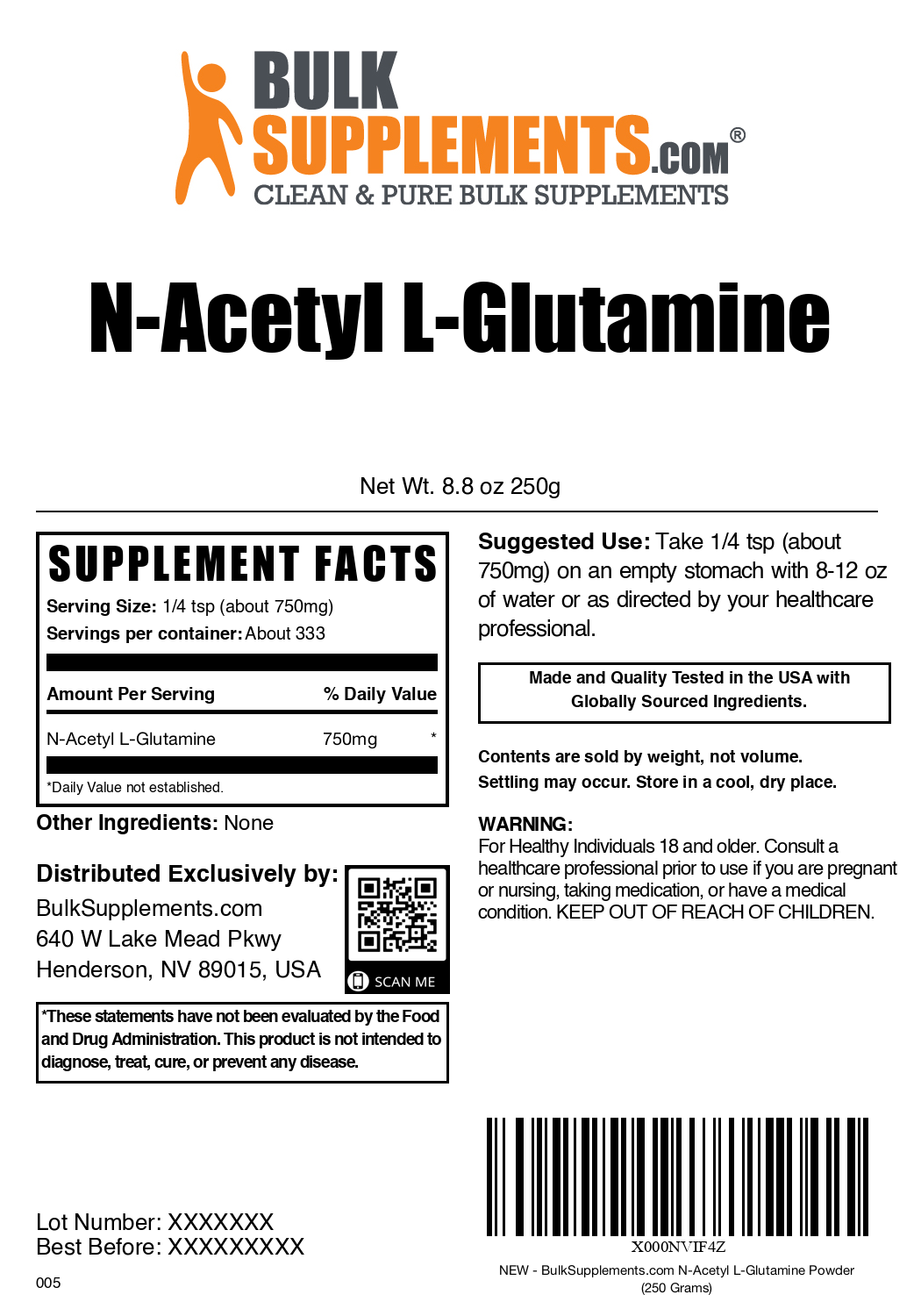 N-Acetyl L-Glutamine Powder 250g Supplement Facts Label
