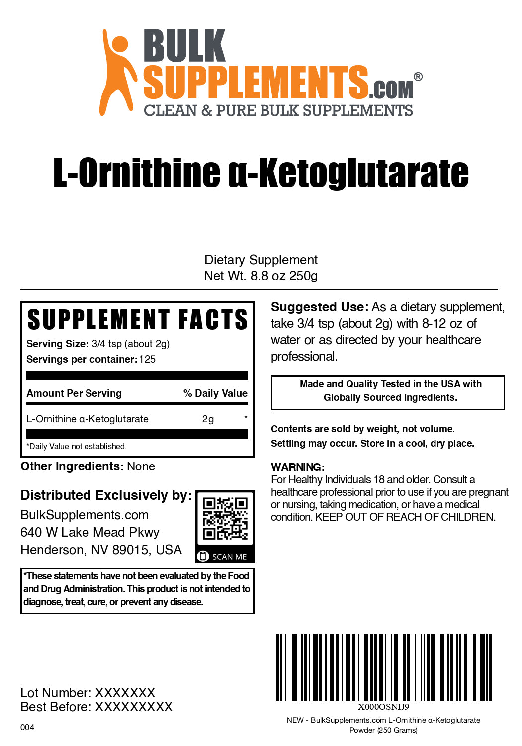 L-Ornithine a-Ketoglutarate (OKG) powder label 250g