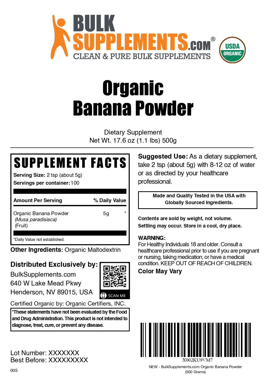 Organic banana powder label 500g