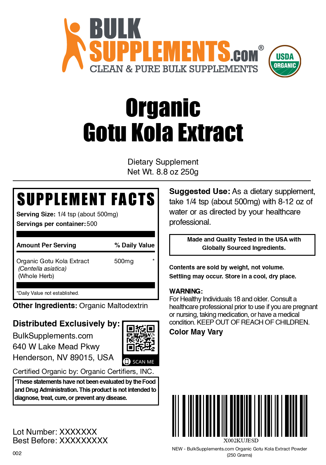 Organic gotu kola extract powder label 250g