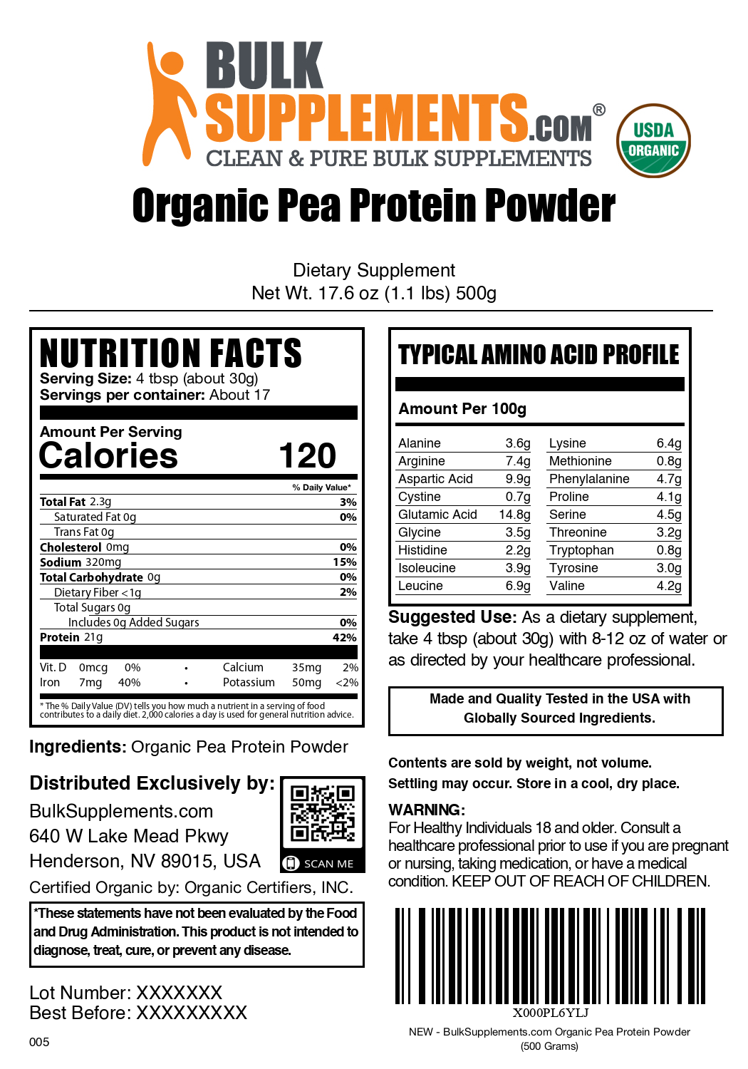 Organic pea protein powder label 500g