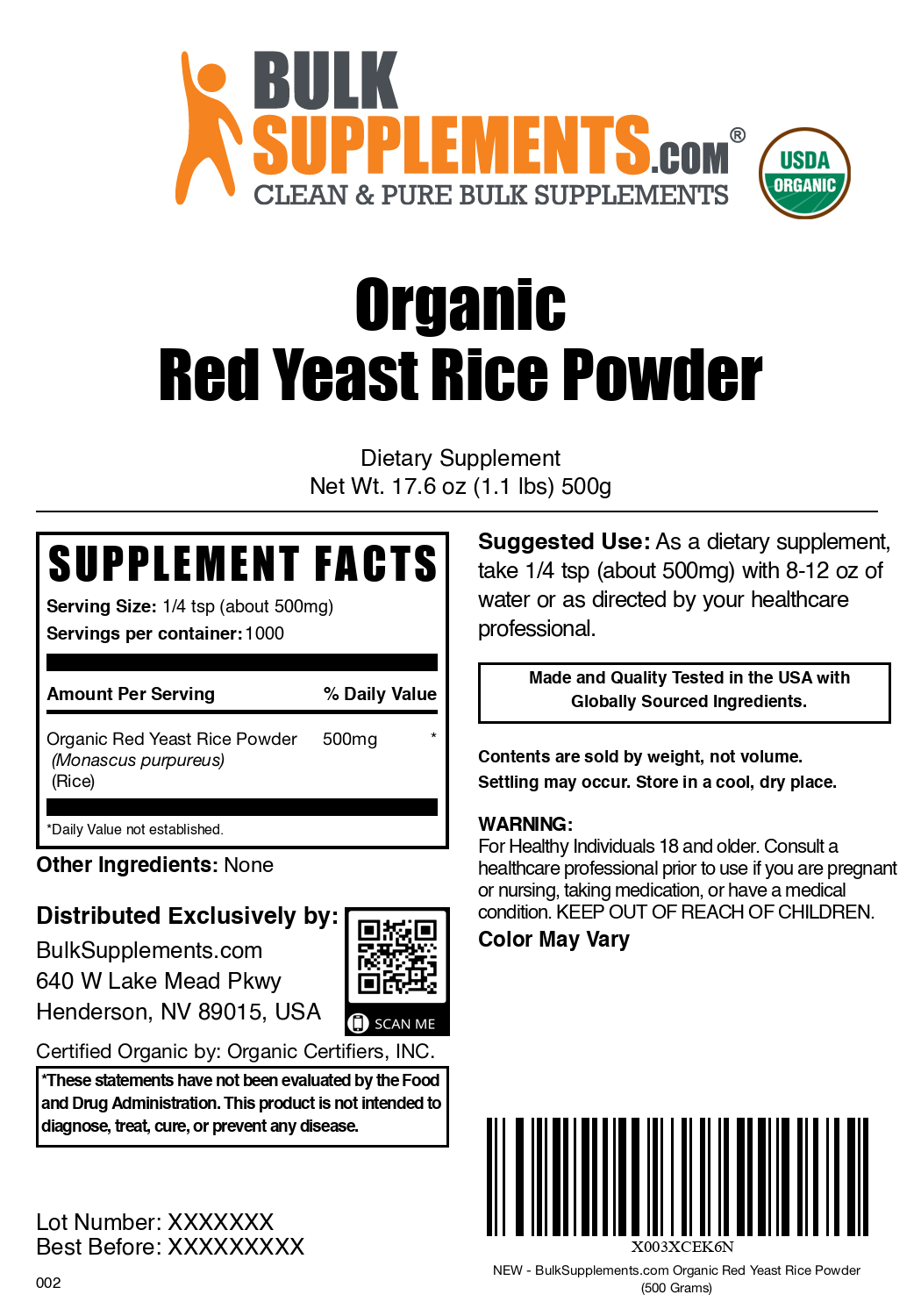 Organic red yeast rice powder label 500g