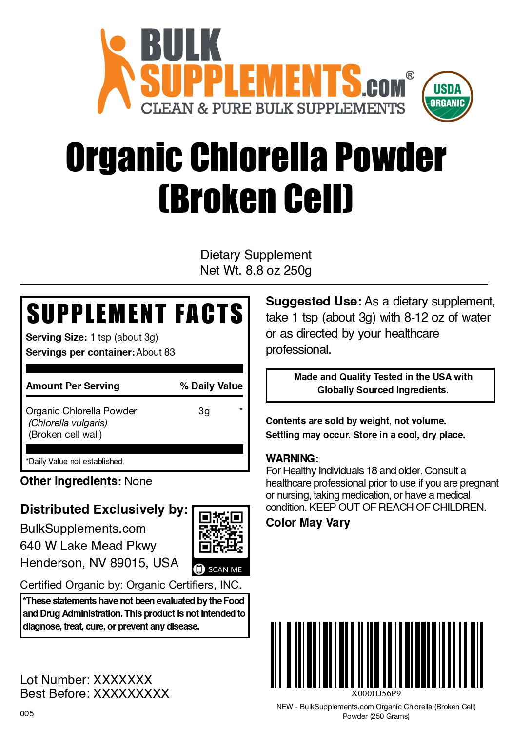 Organic chlorella powder label 250g