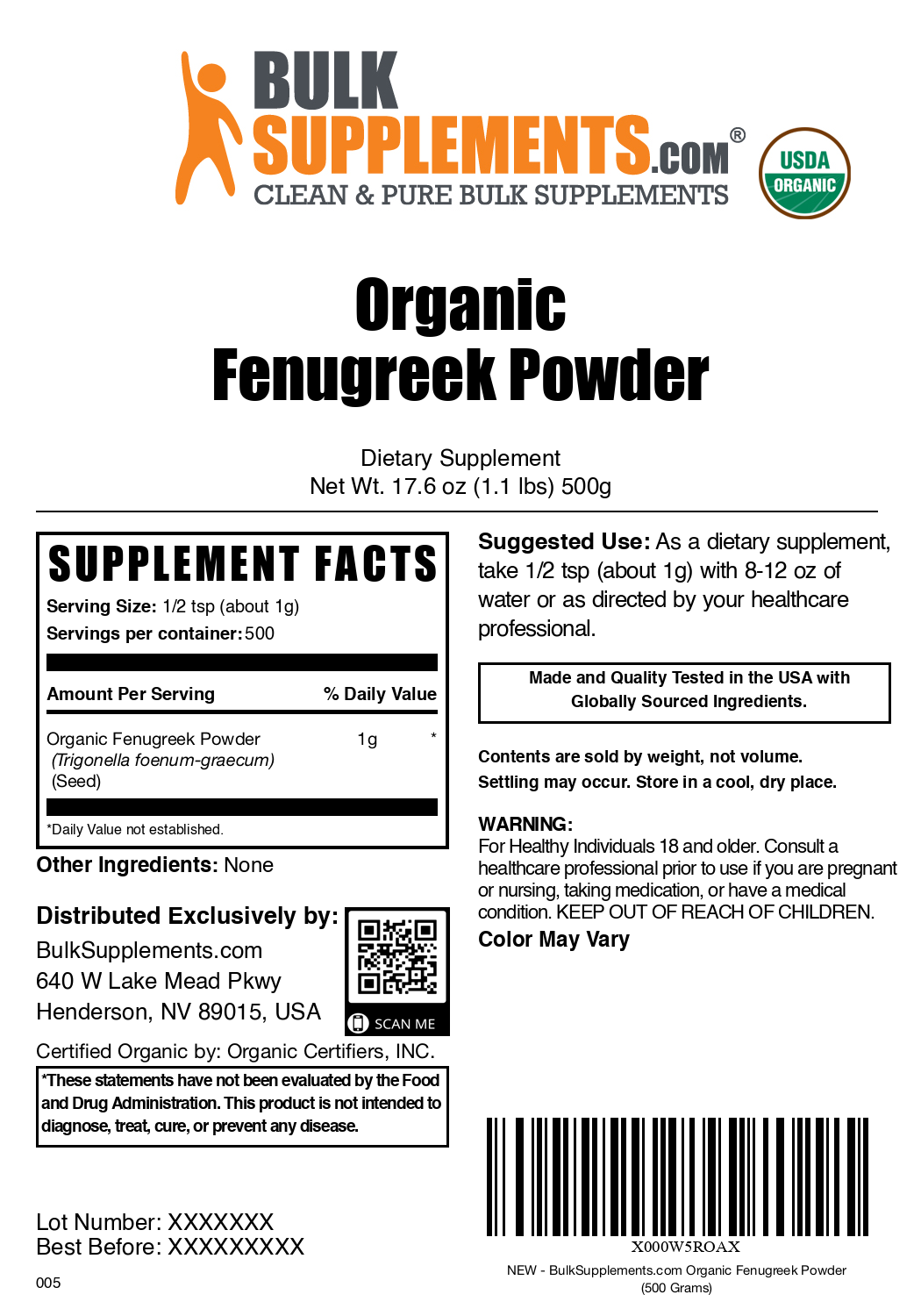 Organic fenugreek powder label 500g