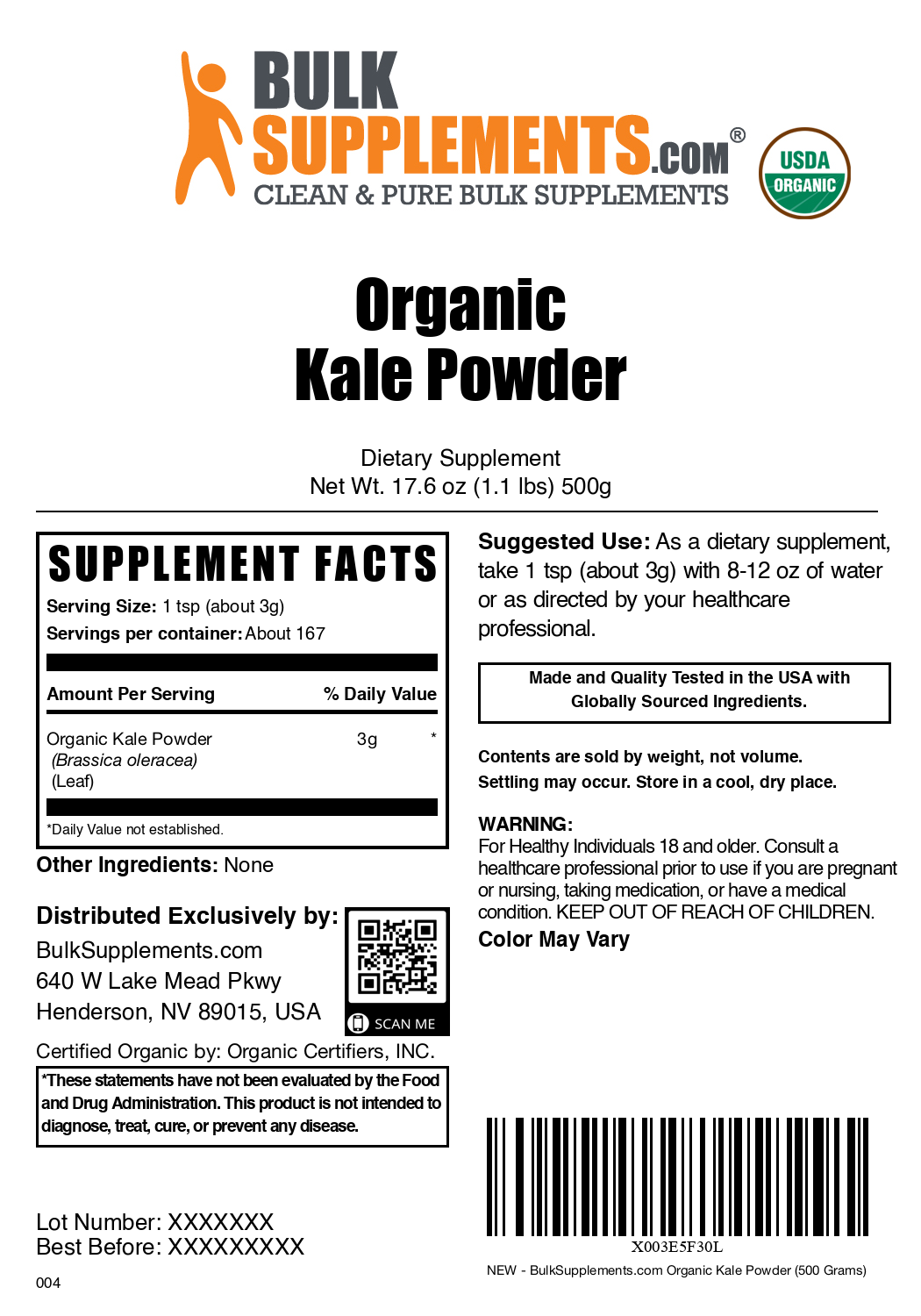 Organic kale powder label 500g