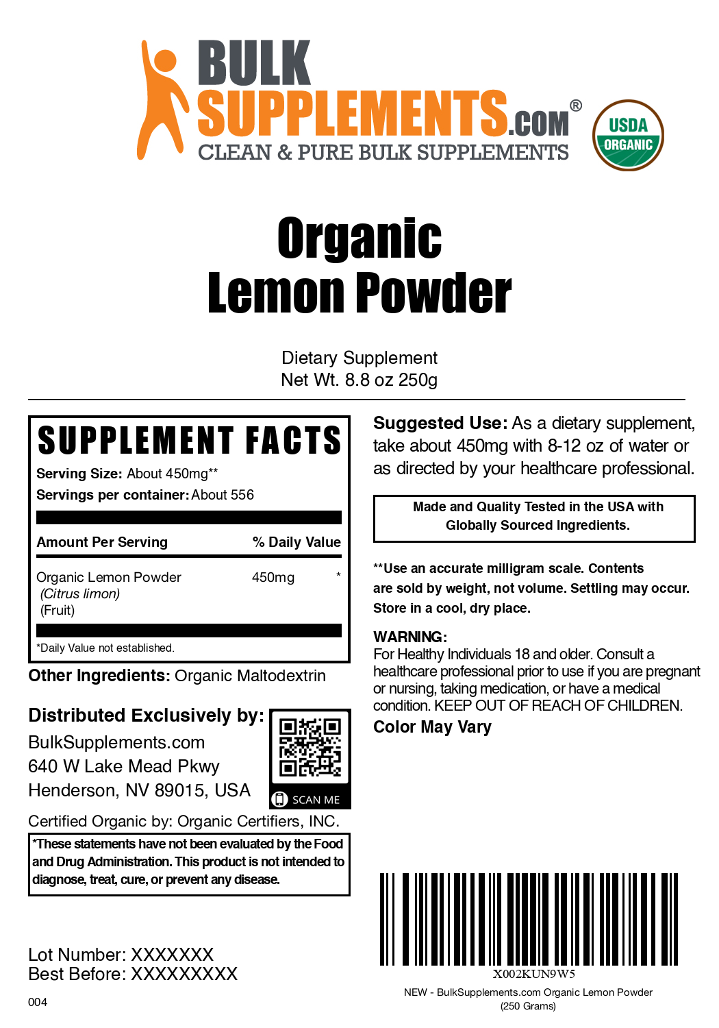 Organic lemon powder label 250g