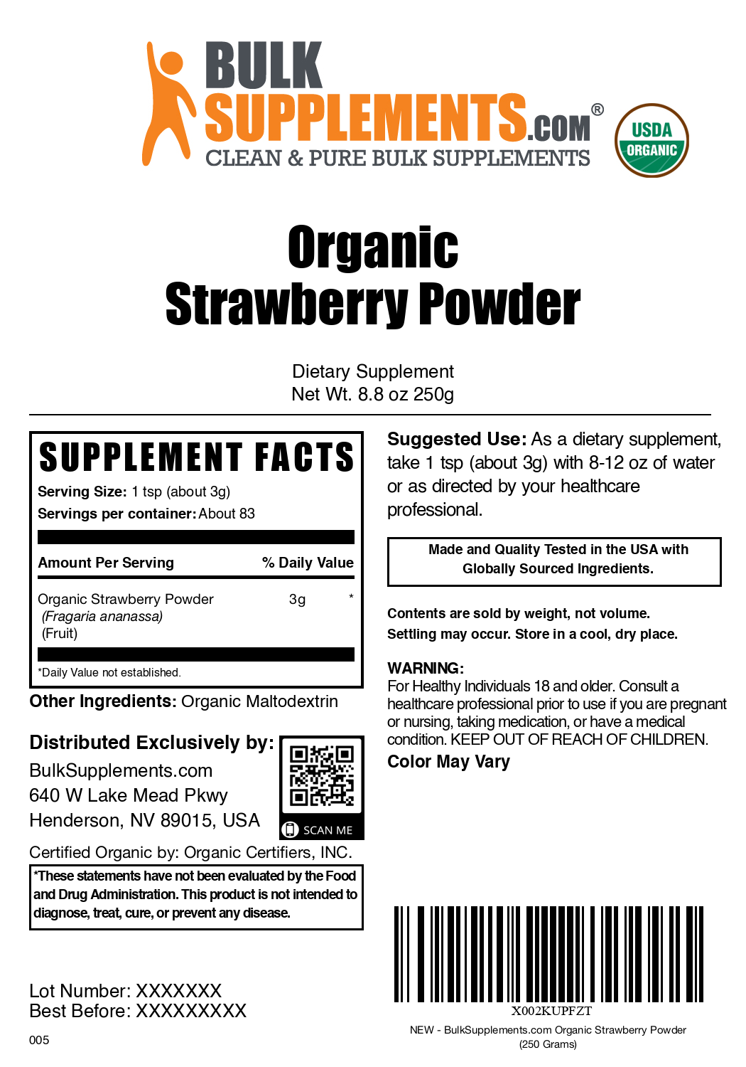 Organic strawberry powder label 250g