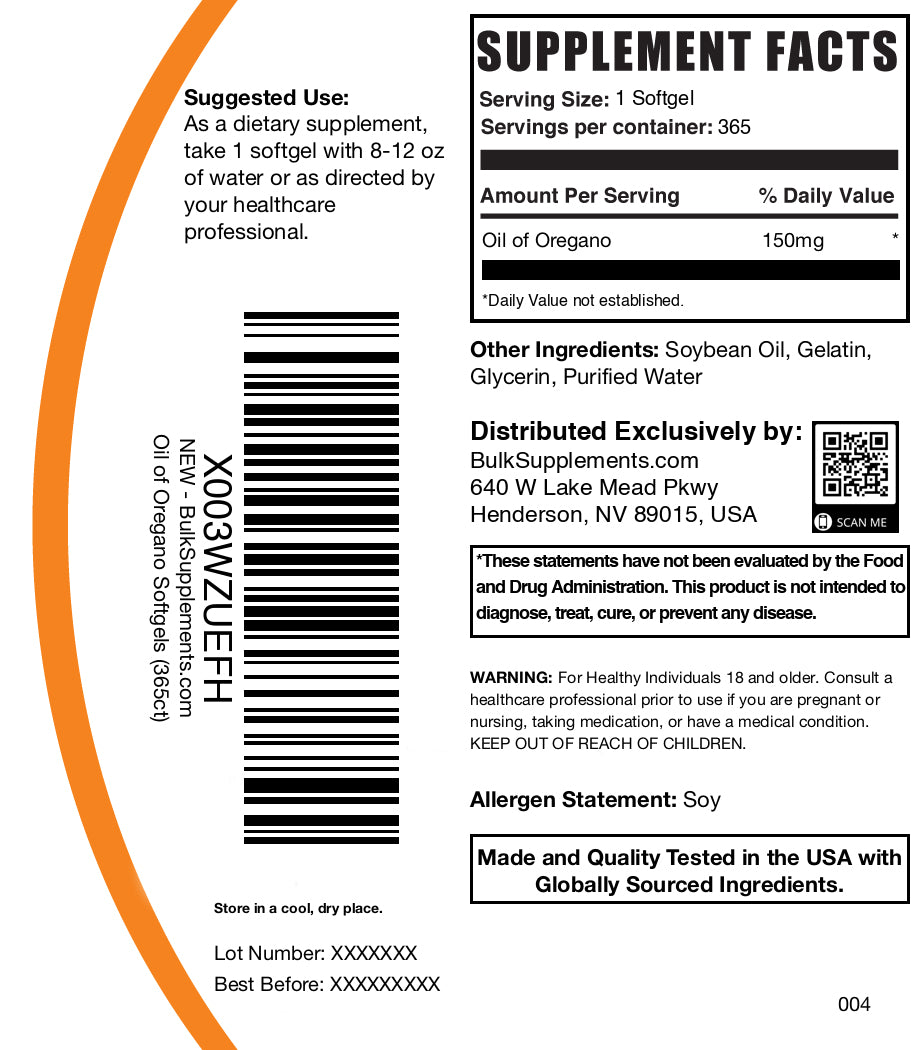 Oil of Oregano 365 softgels label