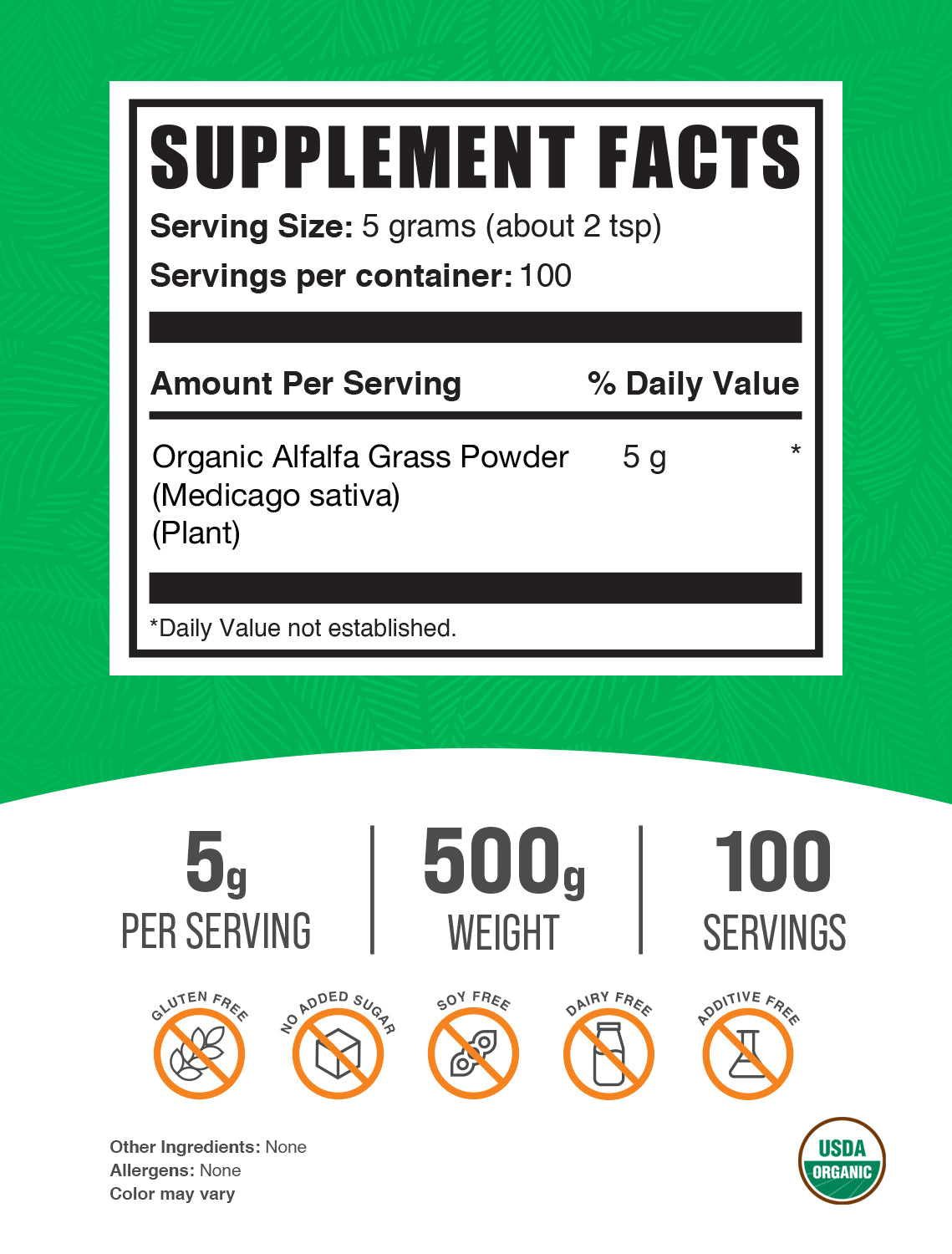 Organic Alfalfa Grass powder label 500g