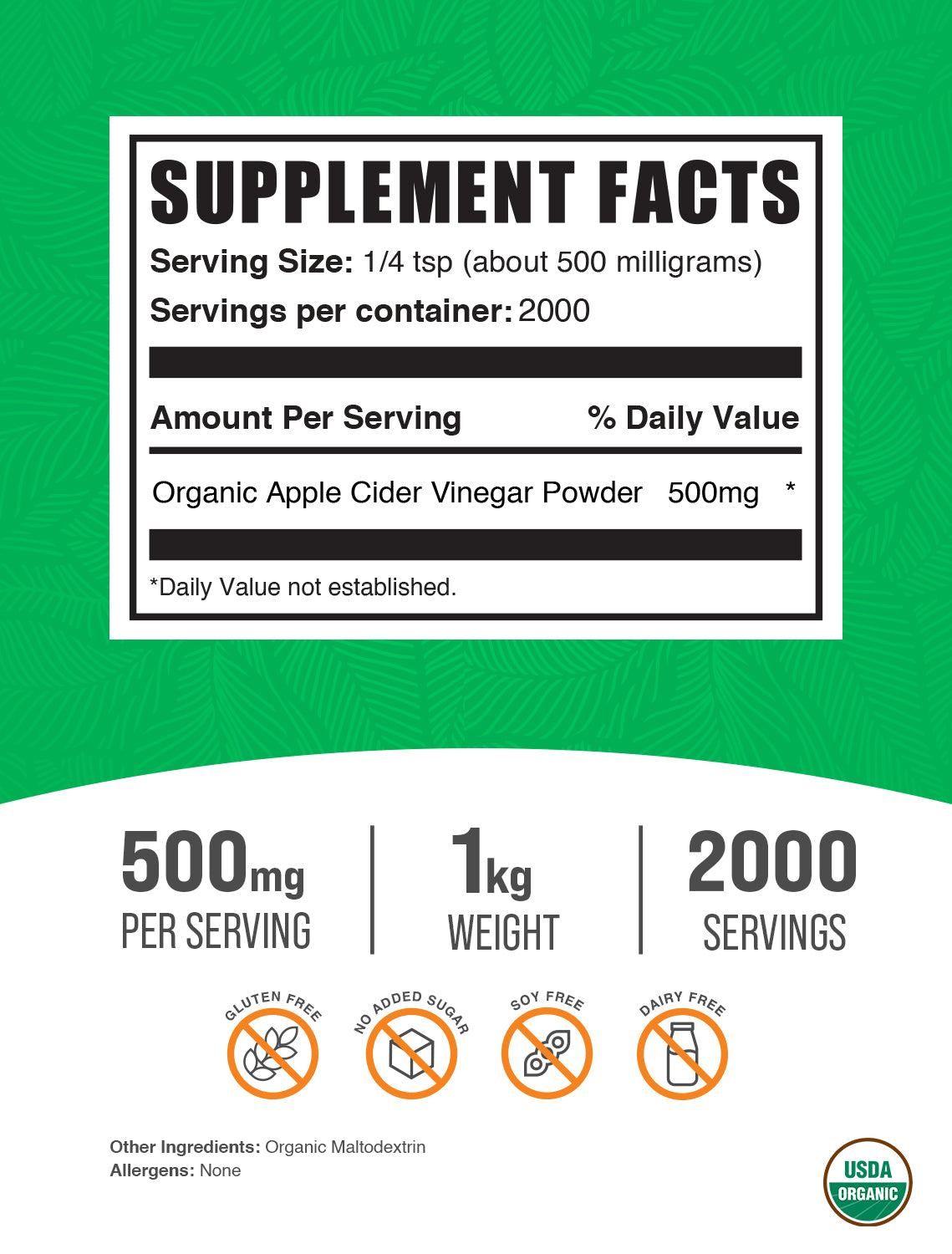 Organic apple cider vinegar powder label 1kg