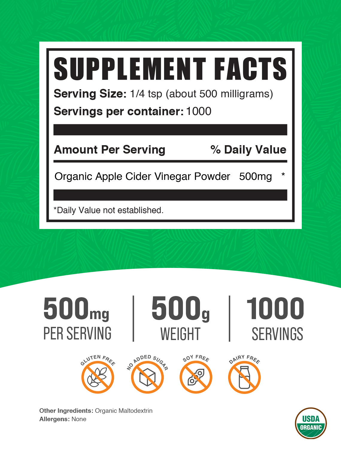 Organic apple cider vinegar powder label 500g