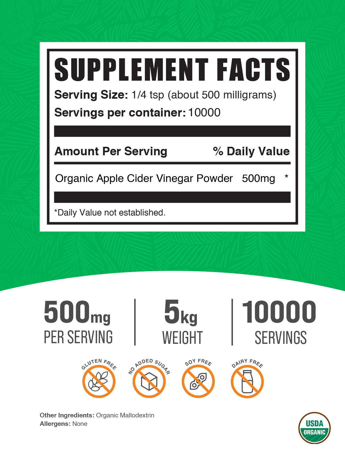 Organic apple cider vinegar powder label 5kg