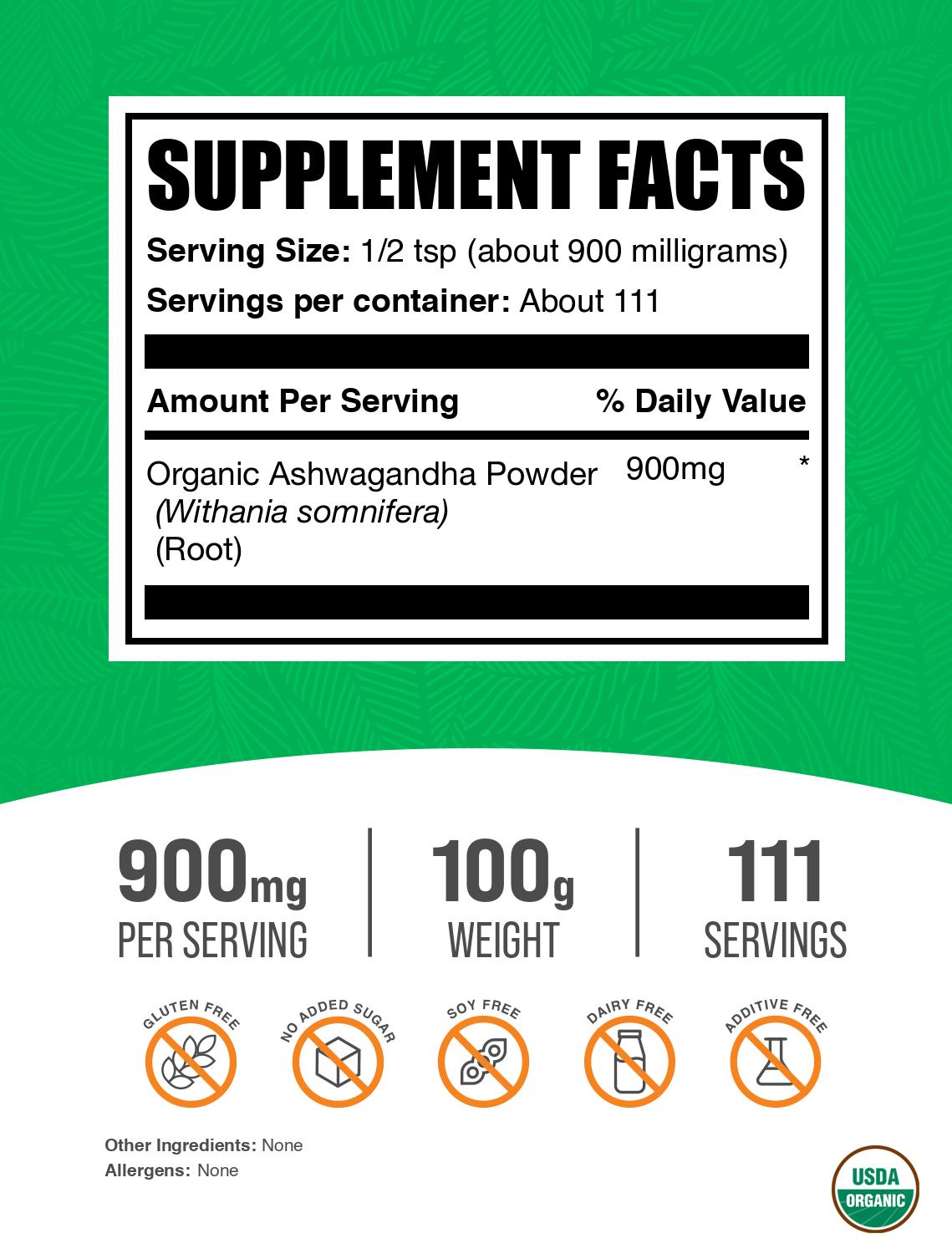 Organic ashwagandha root powder label 100g