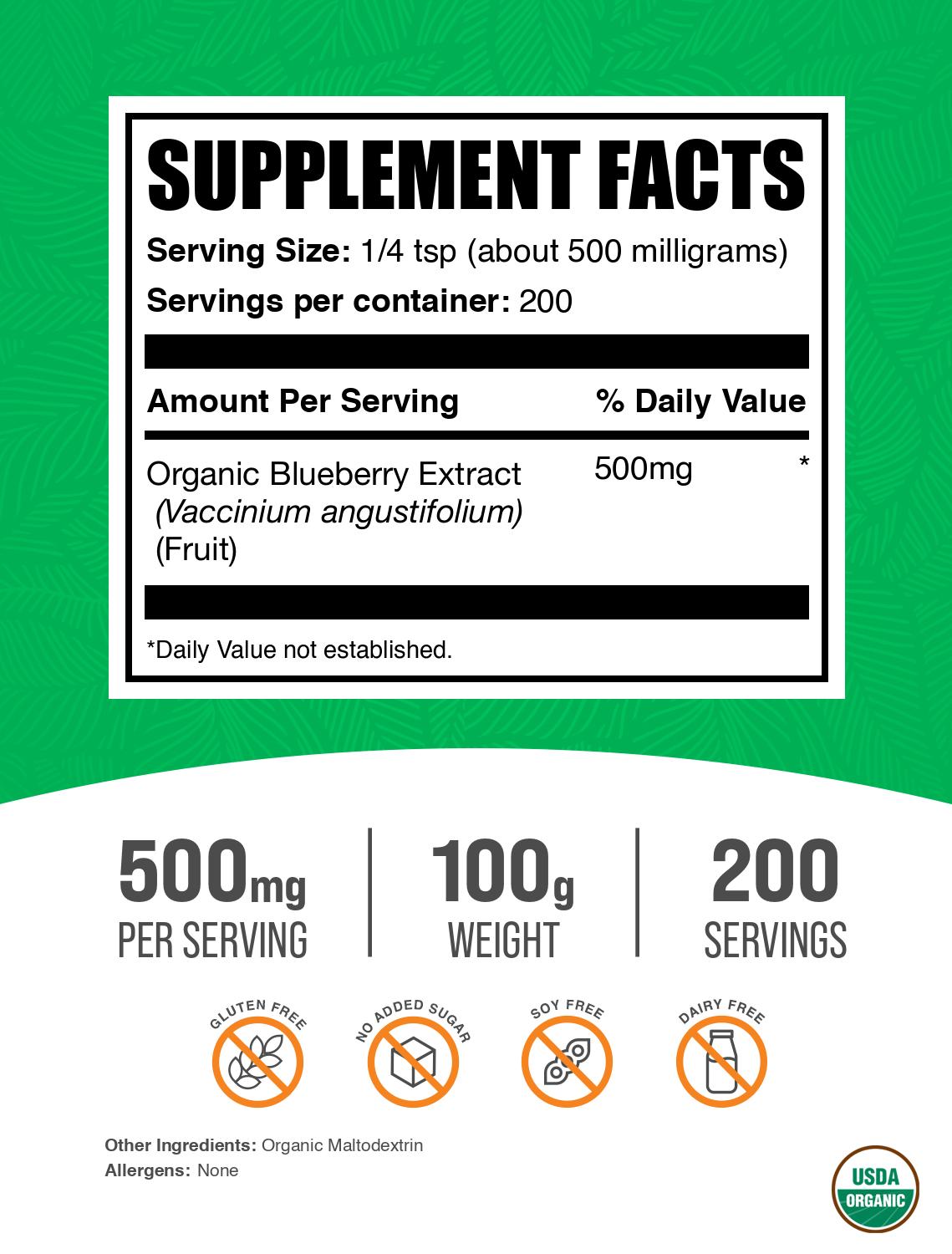 Organic blueberry extract powder label 100g