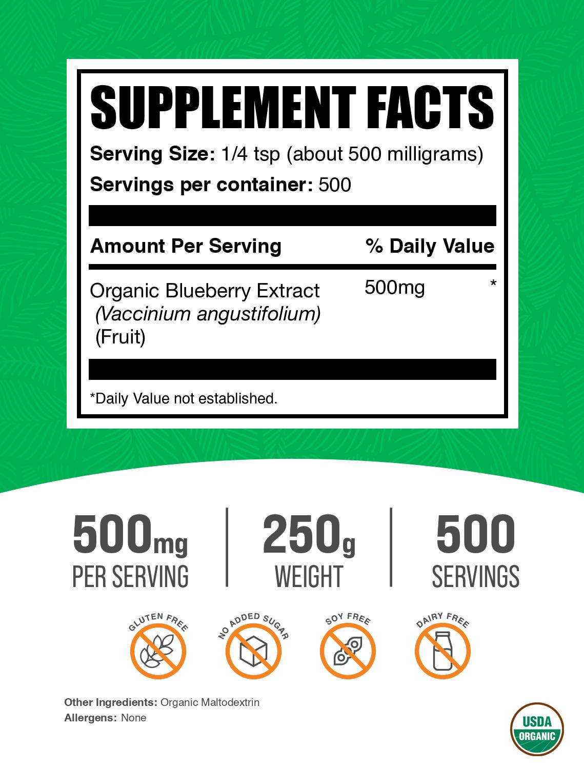 Organic blueberry extract powder label 250g