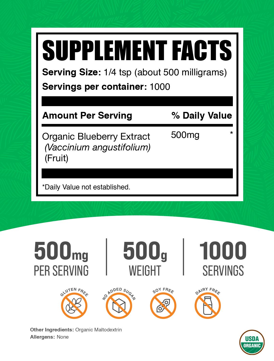 Organic blueberry extract powder label 500g