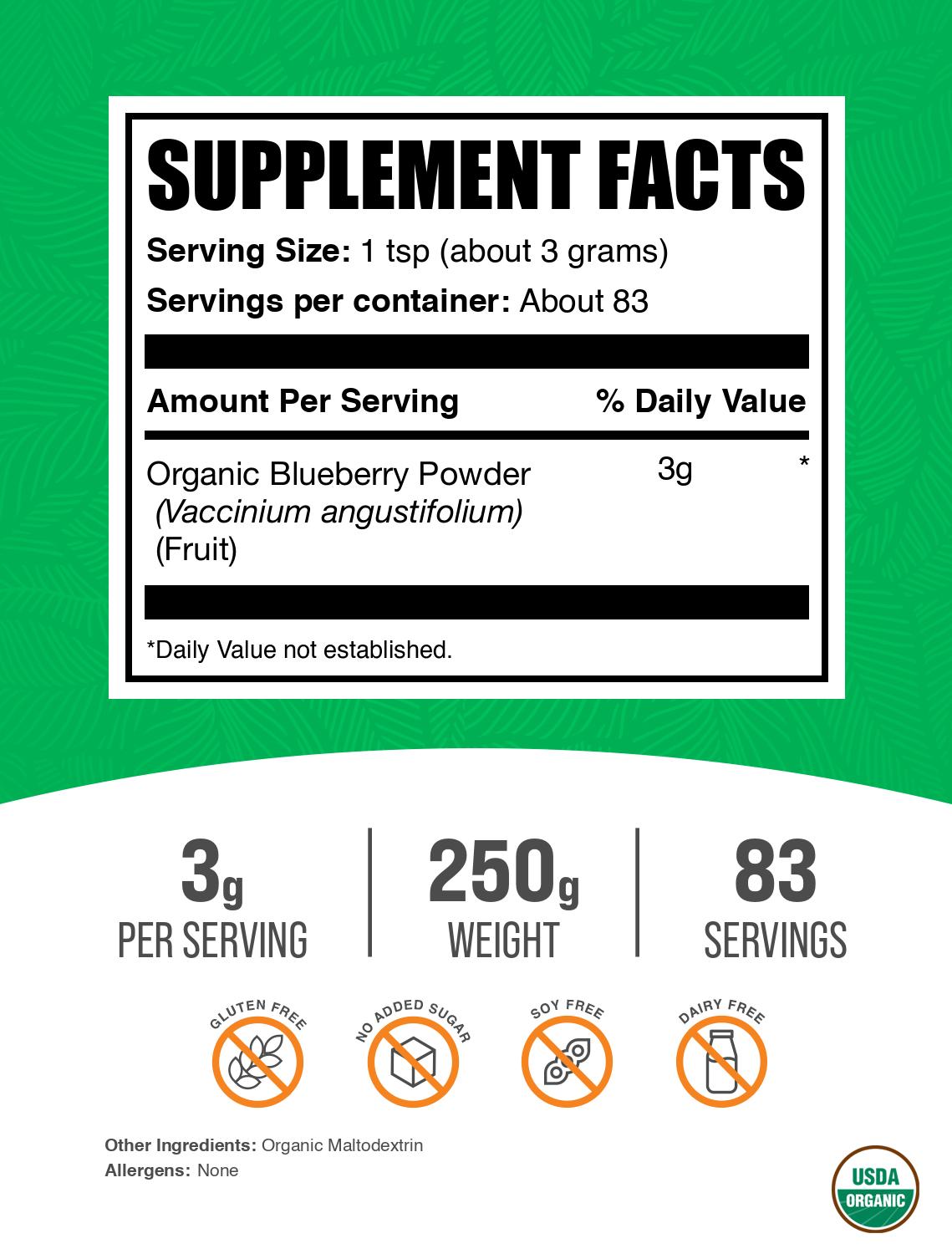 Organic blueberry powder label 250g