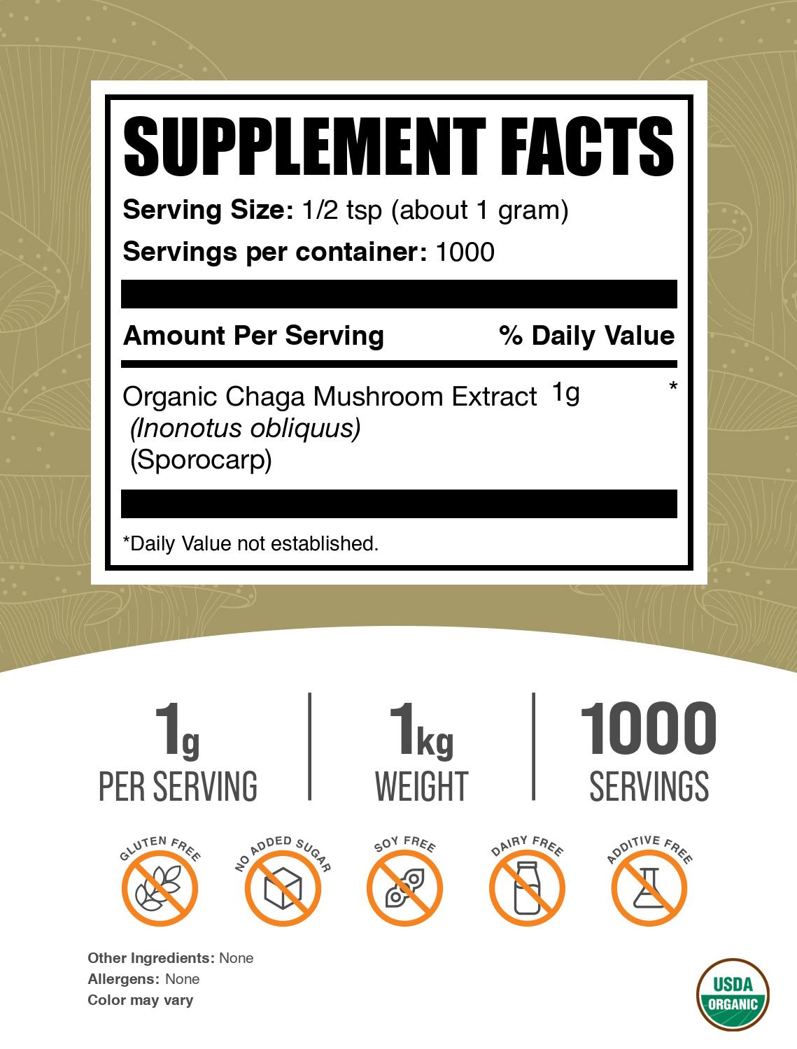 Organic Chaga Mushroom Extract Powder 1kg Label