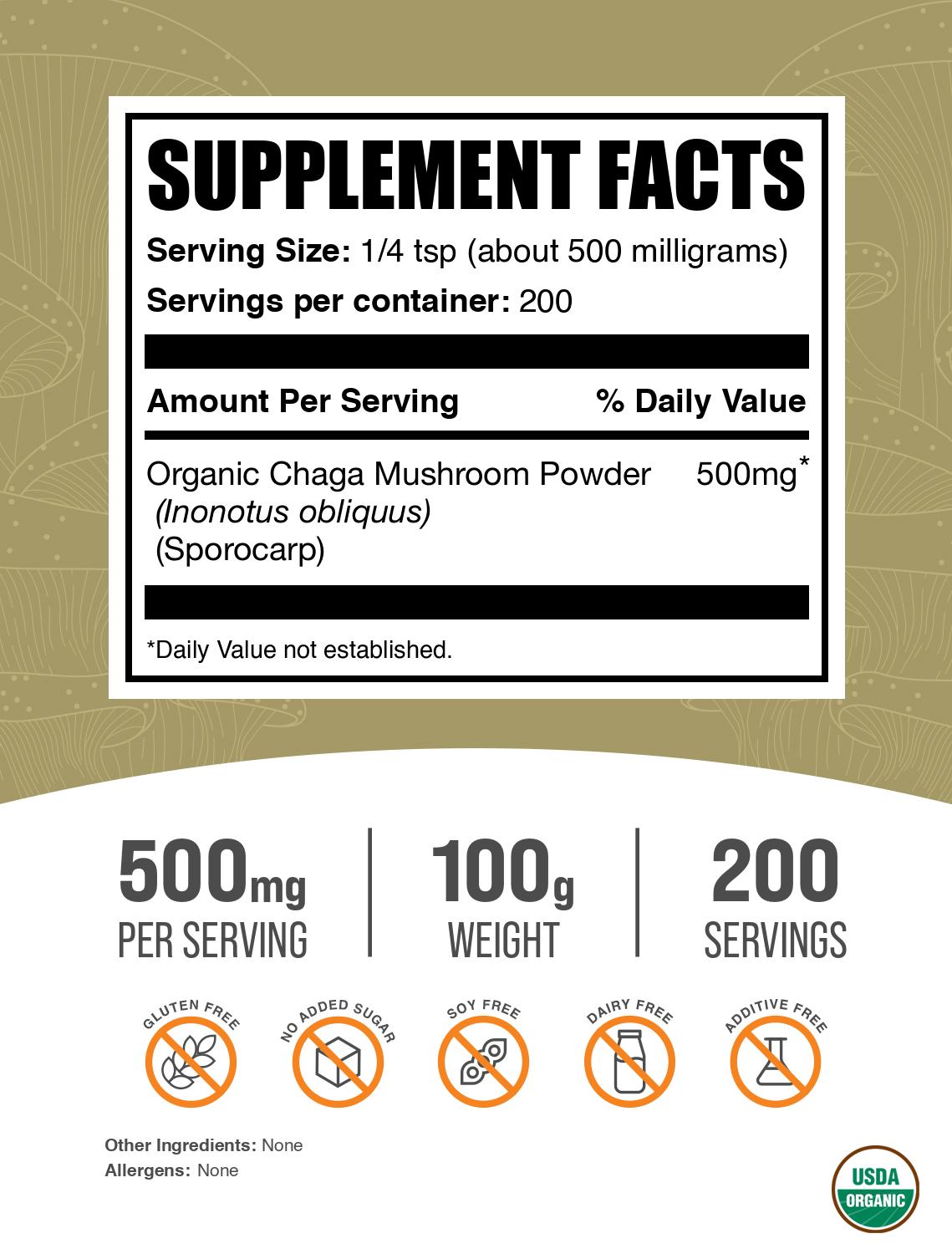 Organic chaga mushroom powder label 100g