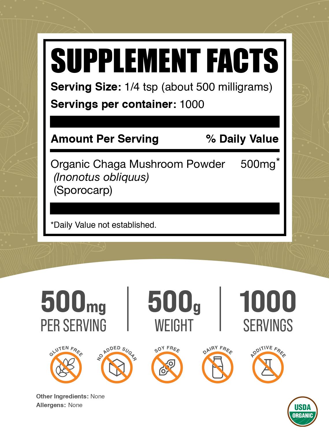 Organic chaga mushroom powder label 500g