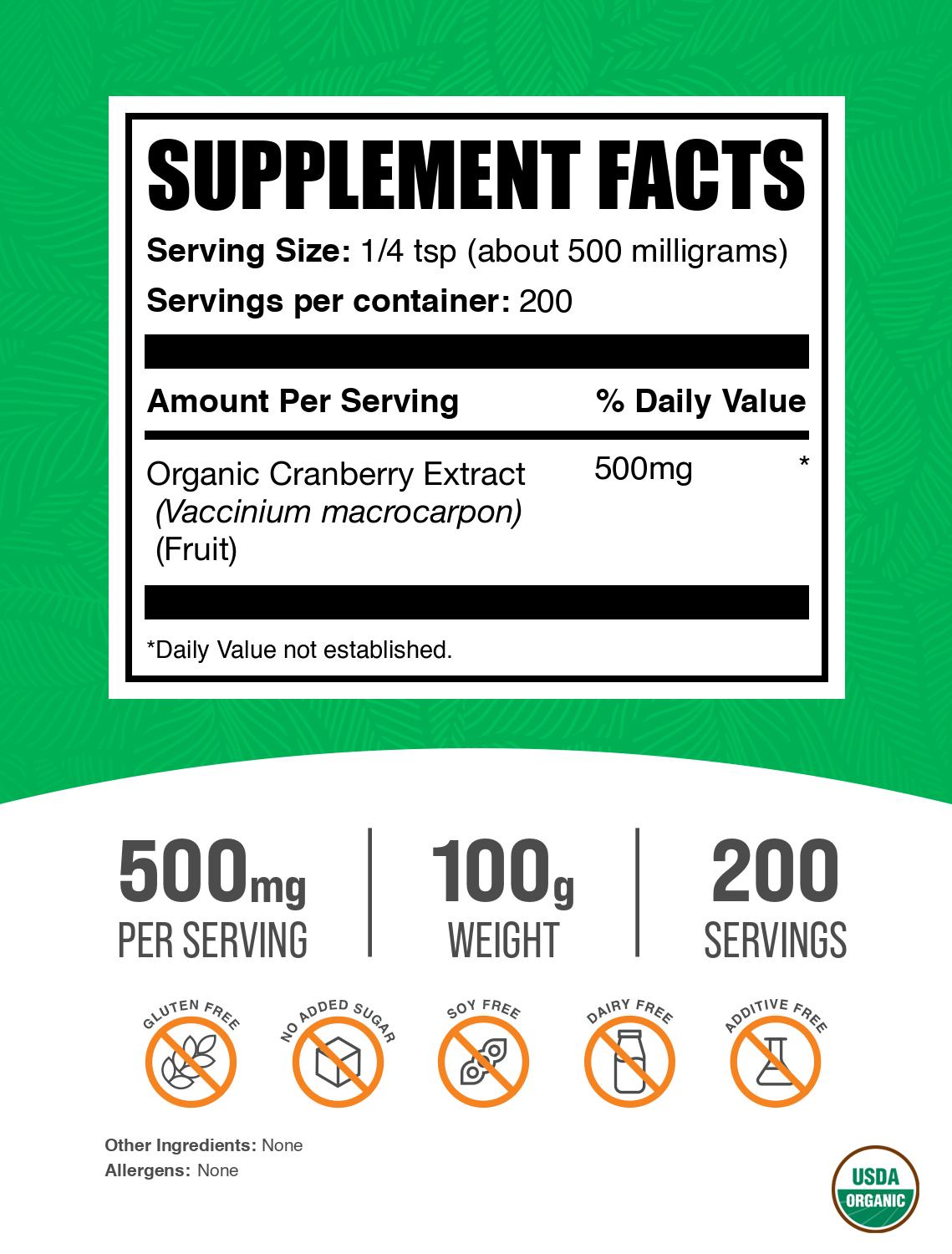 Organic cranberry extract powder label 100g