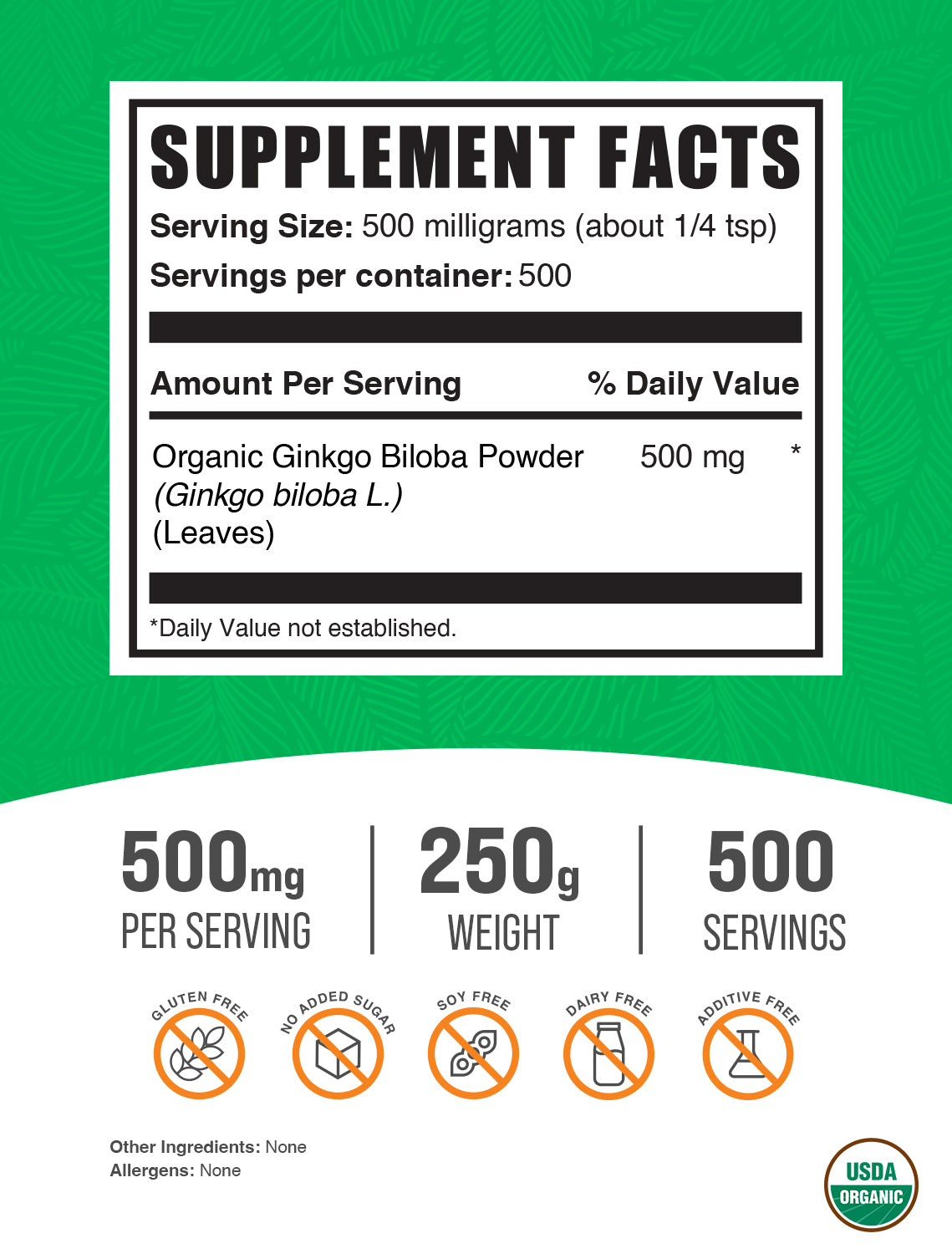 Organic ginkgo biloba powder label 250g
