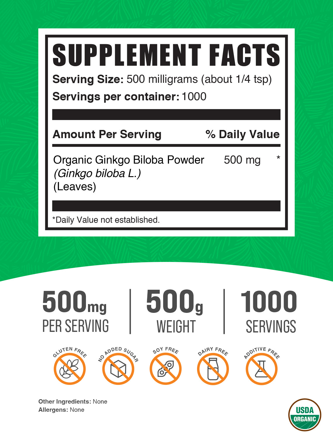 Organic ginkgo biloba powder label 500g