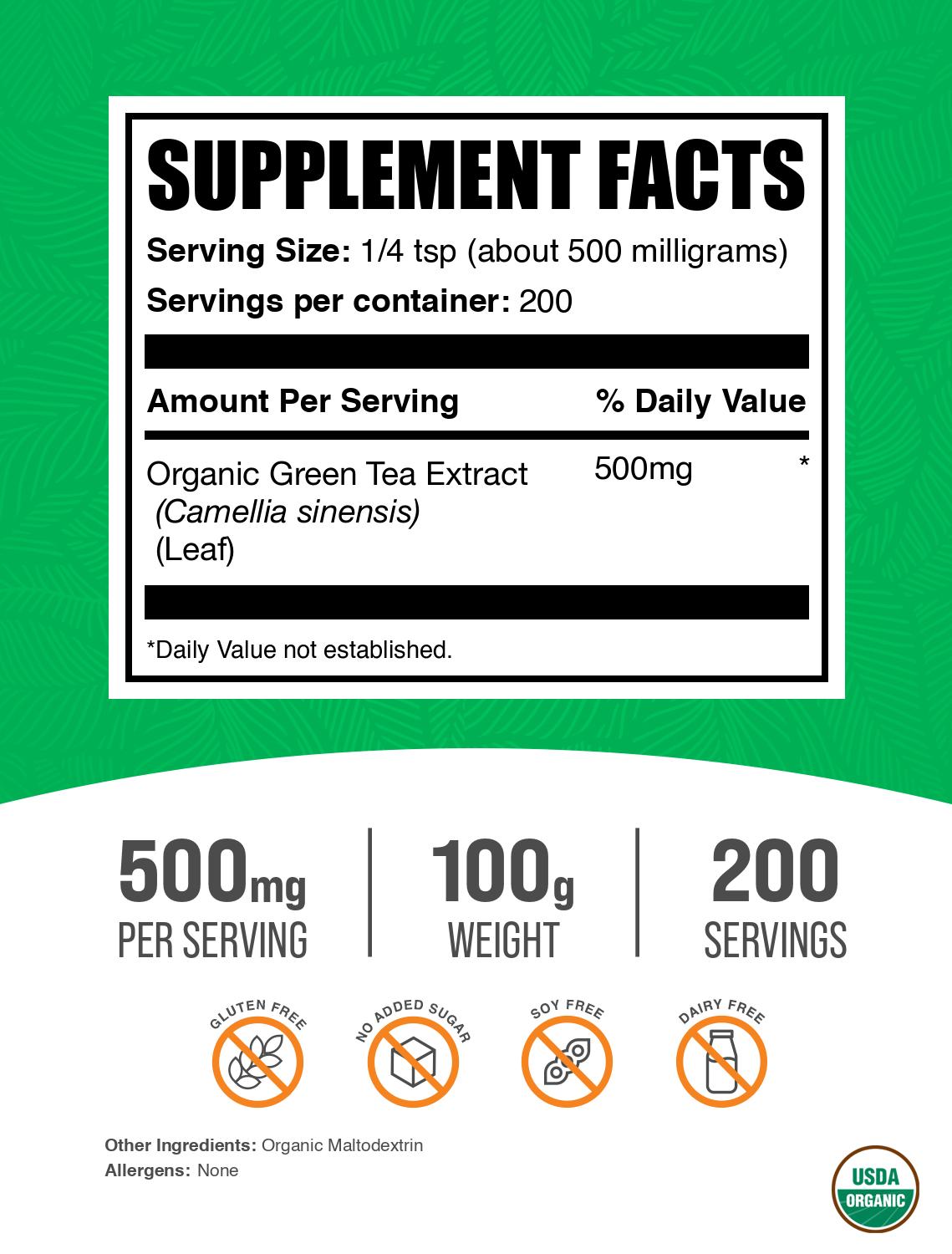 Organic green tea extract powder label 100g