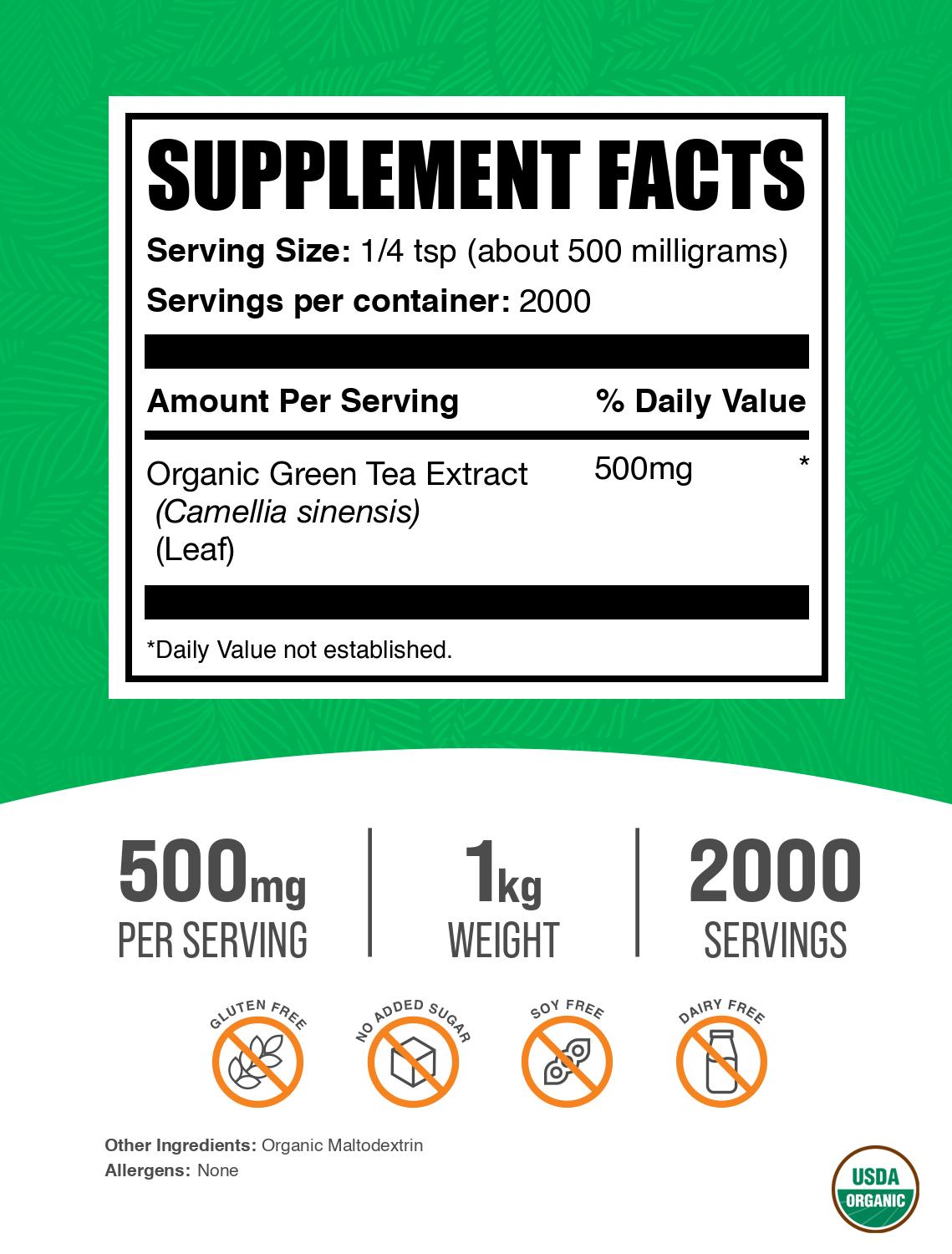Organic green tea extract powder label 1kg