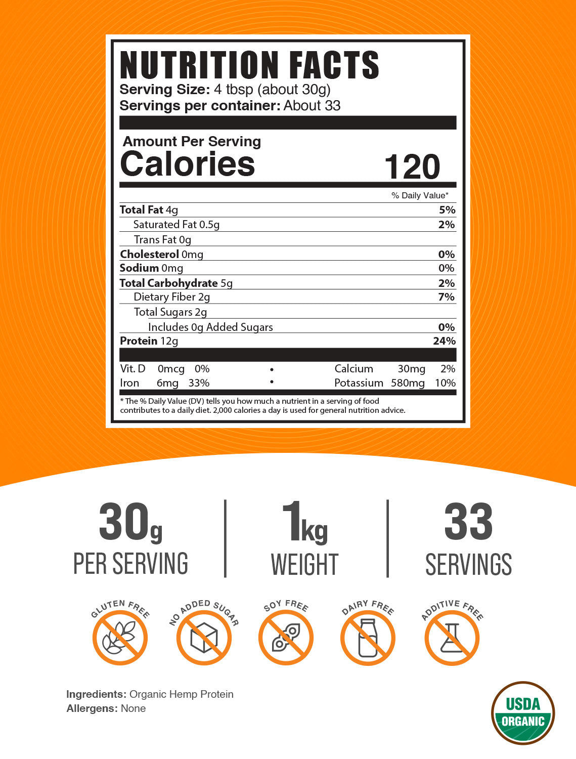 Organic hemp seed protein powder label 1kg