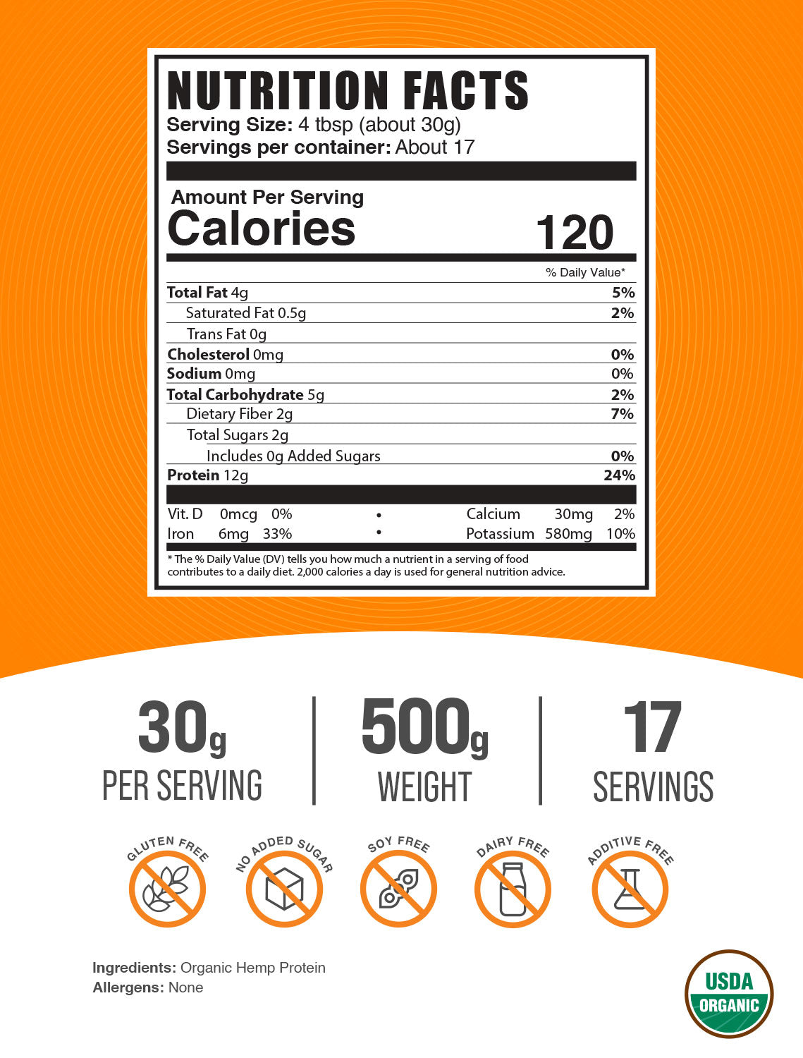 Organic hemp seed protein powder label 500g